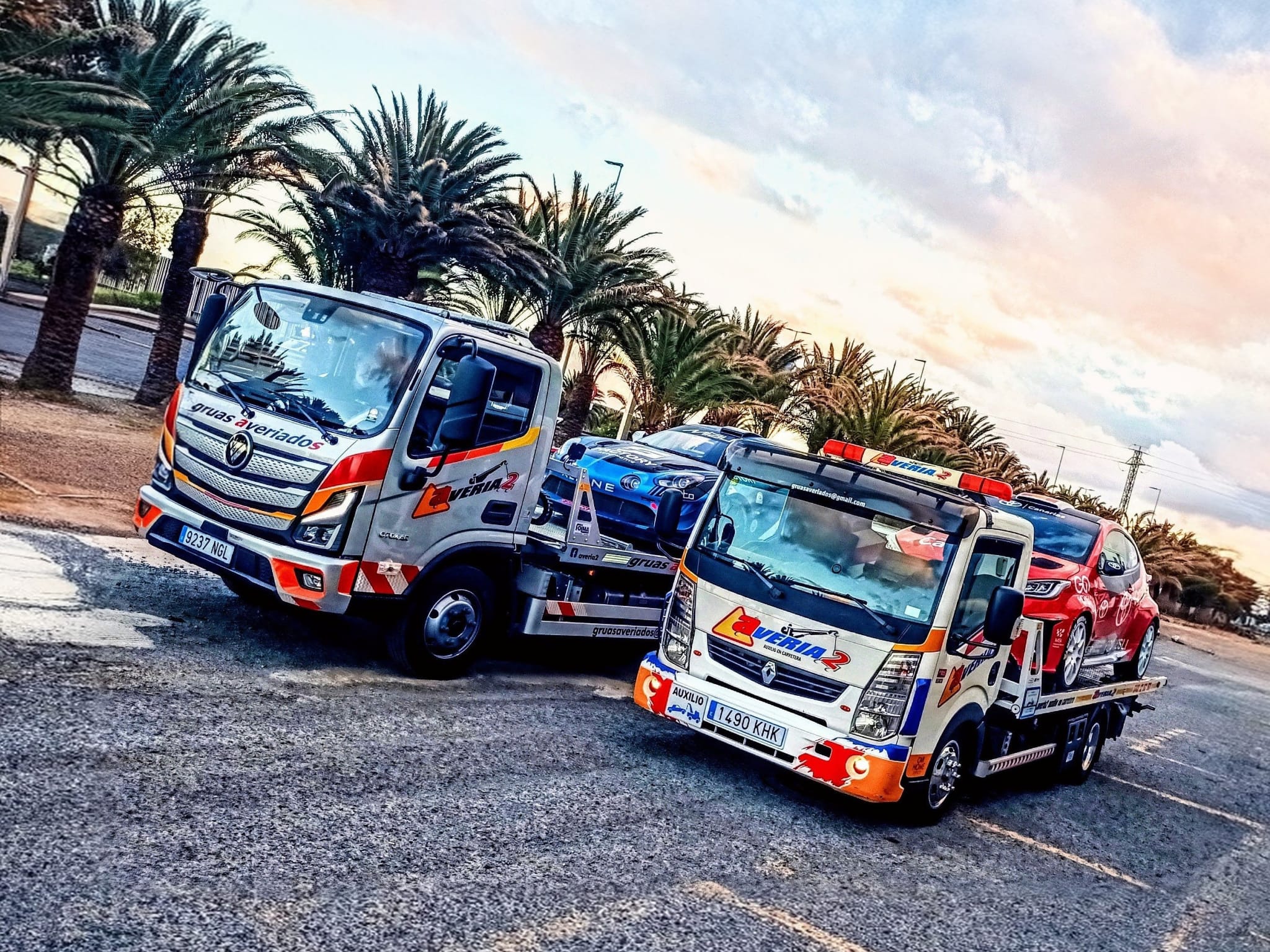 Dos grúas de Averiados aparcadas junto a palmeras al atardecer, cada una con un coche de rally cargado
